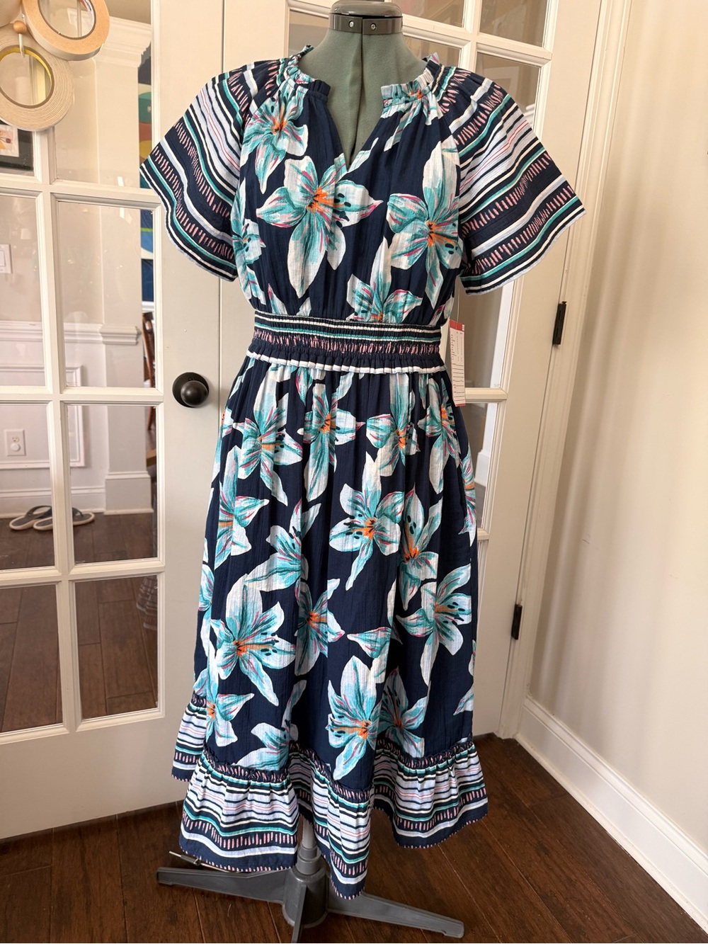 Wonderly Navy Floral Midi Dress with Aqua and White Blooms